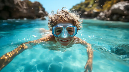 Naklejka premium Child swimming joyfully in clear turquoise water with snorkeling gear.