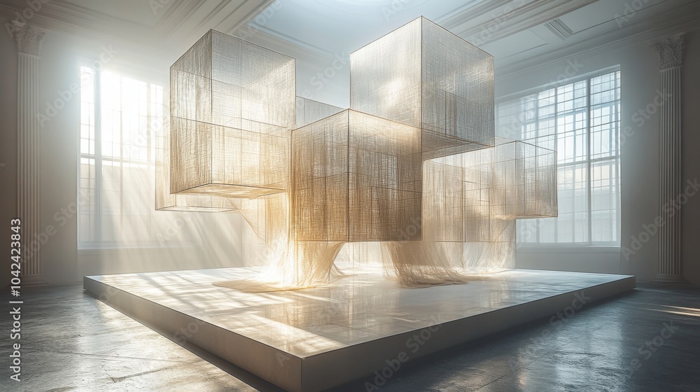 Fototapete Translucent cubes suspended in a bright gallery create an ethereal atmosphere, as sunlight filters through the intricate structure, casting gentle shadows.
