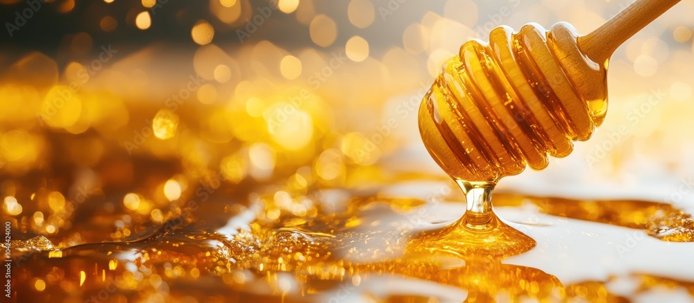 Wall mural Honey drizzling from a wooden dipper into a pool of golden honey.