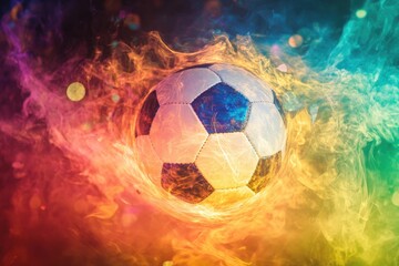 Naklejka premium A Soccer Ball Surrounded by Bright Flames and Smoke
