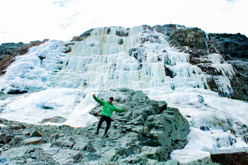 Lo Barnechea, Metropolitan Region, Chile - October 20, 2024: Frozen Sulphate Waterfalls, Yerba Loca...