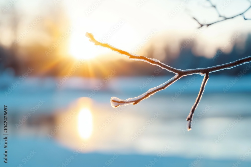 Poster a branch with frost on it is in front of a body of water