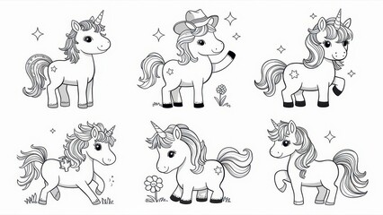 Set of 6 cute cartoon-style unicorn coloring pages, perfect for kids. Each unicorn features playful, whimsical designs with clear outlines, making them easy and fun to color. part 2