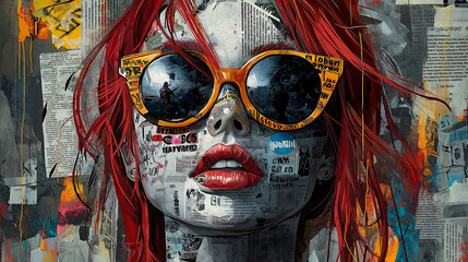 A red-haired punk rock woman wearing sunglasses, covered in street art graffiti and stickers with text on her face, comic book art, iconic album covers, gothic illustration