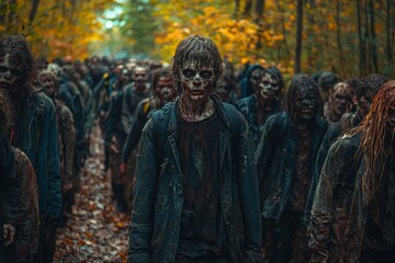 Fototapeta premium A horde of blood-splattered zombies with one in focus, walking through a forest