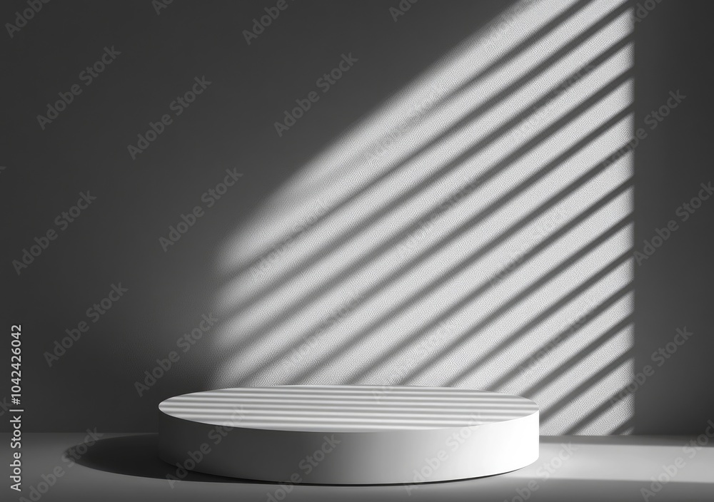 Poster a minimalistic circular platform with striped shadows in a dimly lit space.