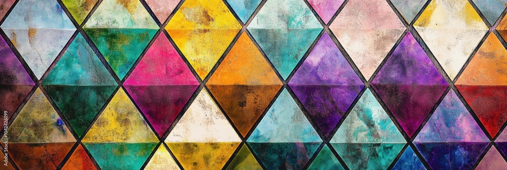Poster A vibrant collection of triangular patterns showcases a striking geometric abstraction with a variety of colors and textures. Generative AI