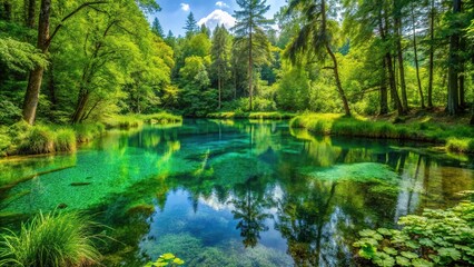 Description: A serene pond visible through crystal clear water surrounded by lush green plants