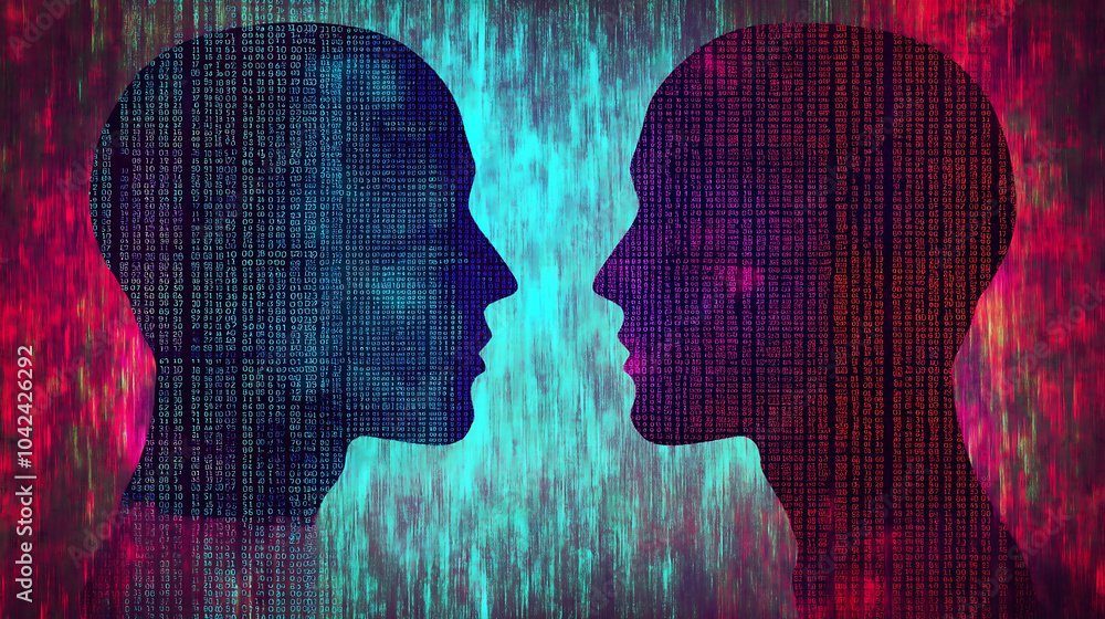 Wall mural abstract illustration, bridging of digital and physical worlds, paintbrush merging with binary code 