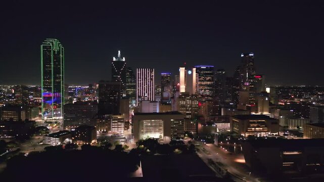 Panning Aerial of Dallas Skyline at Night