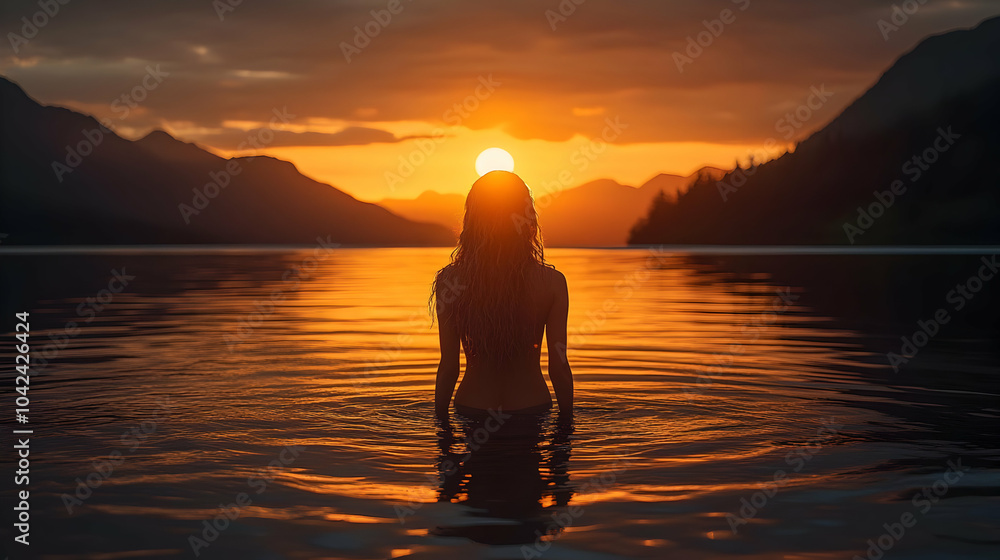 Sticker Silhouette of a person in water during a vibrant sunset.