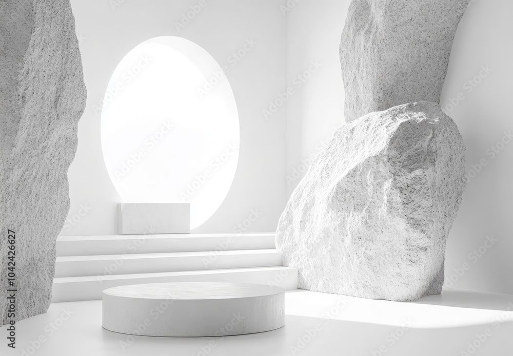 Poster a minimalist interior with large rocks and a circular platform, emphasizing simplicity and space.