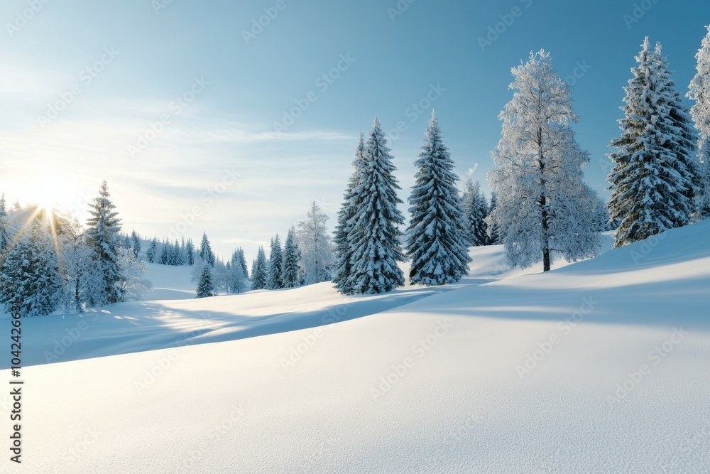 Poster a snowy field with trees in the background