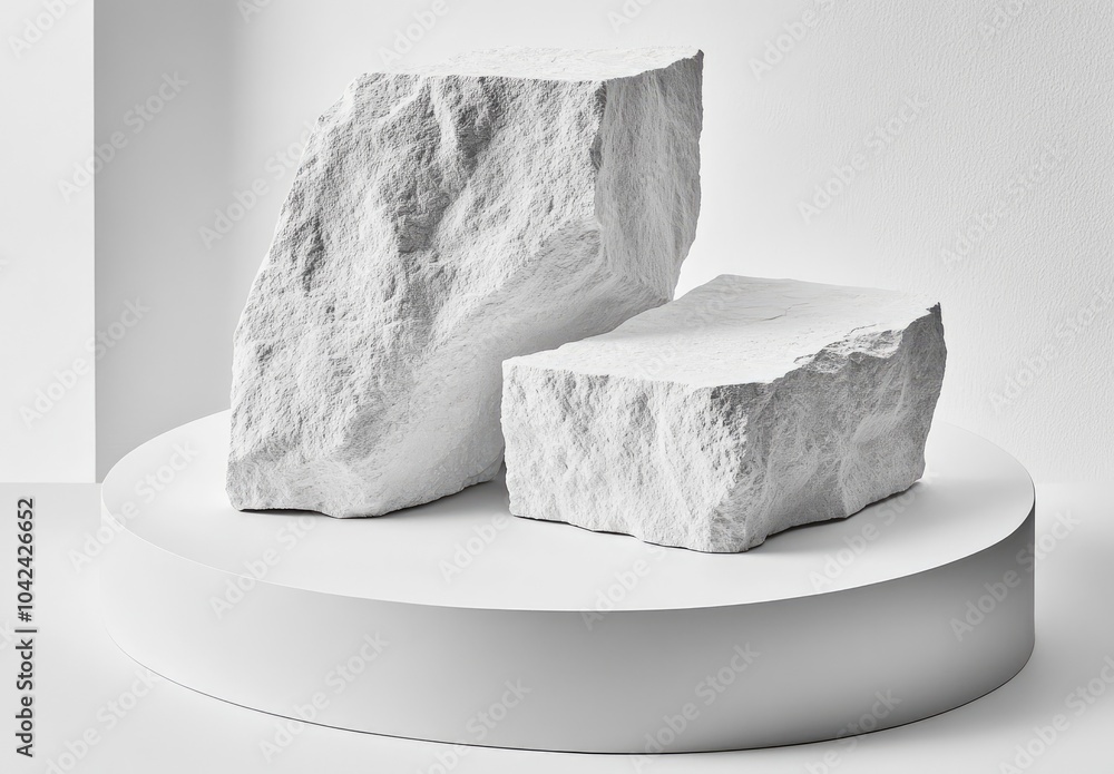 Aufkleber two textured white stone blocks displayed on a circular pedestal in a minimalistic setting.