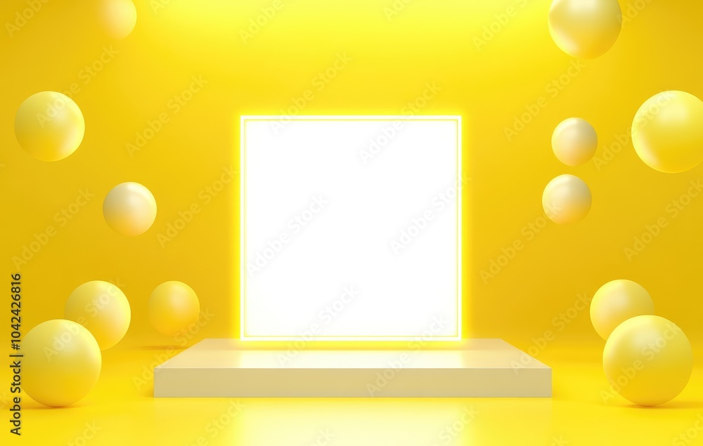 Poster a bright yellow display area featuring a glowing frame and floating spheres for showcasing content.