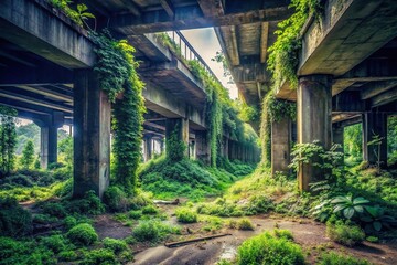 Description: Abandoned place under bridge with overgrown plants after apocalypse