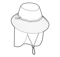 Adjustable Sahara Outdoor Bucket Hat with Cord Stopper. Summer Head Fashion accessory cap clothing technical illustration. Vector headgear for Men, women, unisex style, flat template CAD mockup sketch
