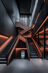 Fototapeta premium Modern architectural design featuring sleek staircases illuminated by warm lighting in a contemporary building interior