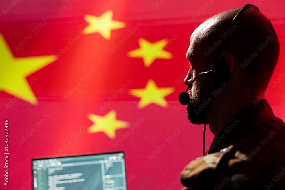 Poster military dispatcher in command center ready to respond to emergencies and communicate with troops on