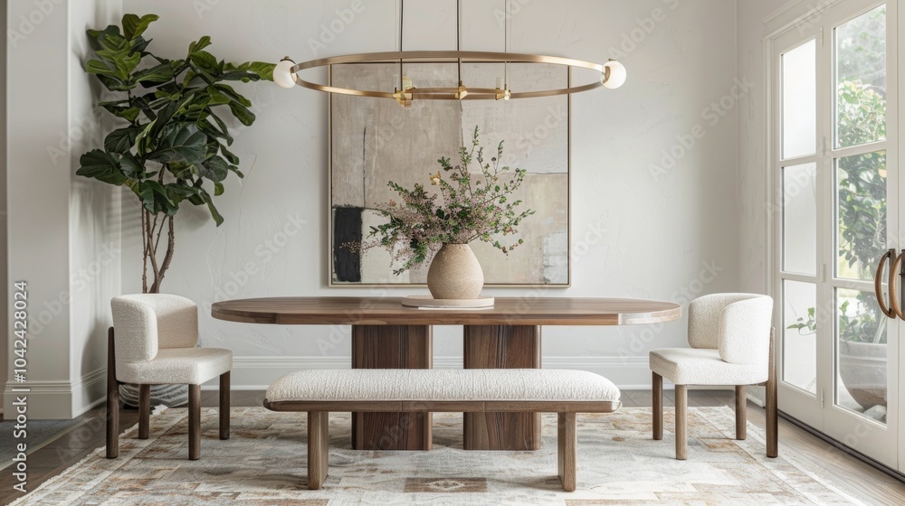 Poster a minimalistic breakfast nook with a bench and two chairs in a neutral color scheme accented by a st