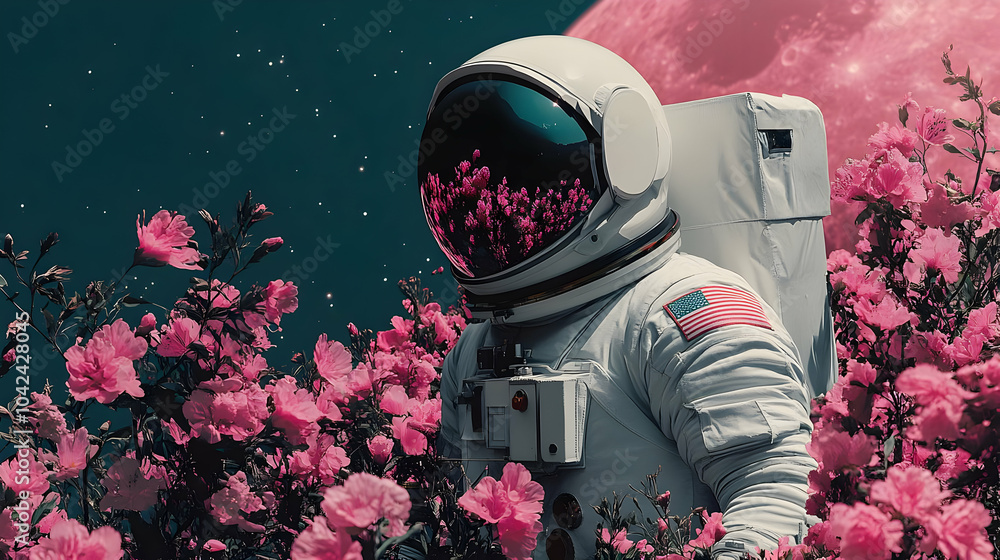 Poster Astronaut among vibrant flowers under a celestial backdrop.