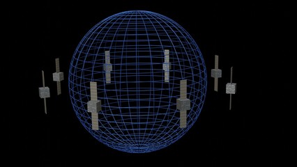CubeSats orbiting planet. Nanosatellites circling around celestial body. Satellites around wire sphere. 3d render illustration