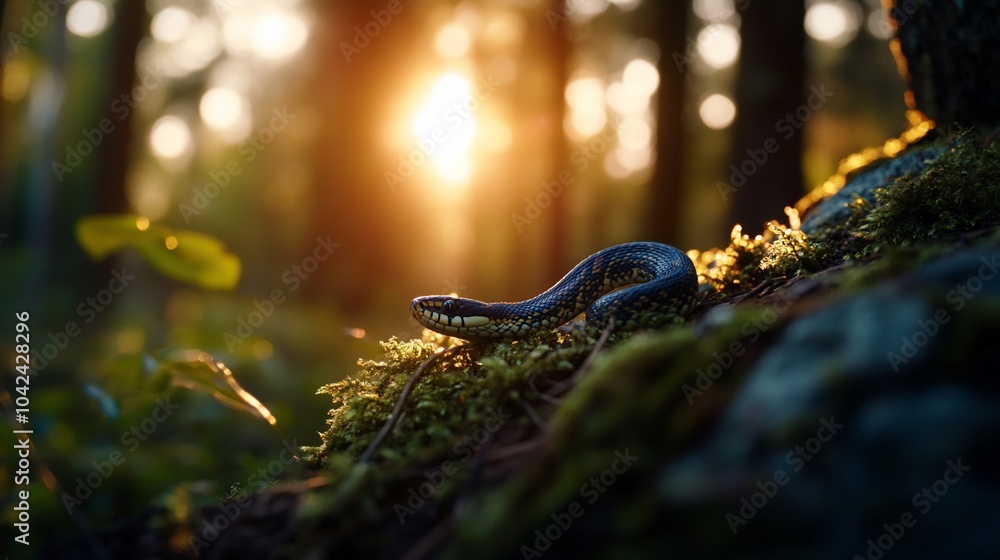 Poster a snake basks in the golden sunlight filtering through the forest canopy.