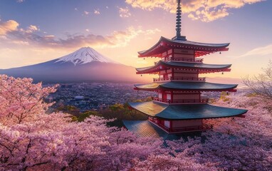 Obraz premium Stunning view of Chureito Pagoda at sunset with Mount Fuji and cherry blossoms, hyper-realistic Japan travel poster style.