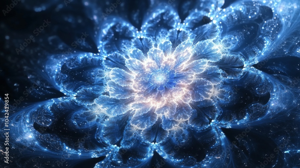 Poster this vibrant visual displays a stunning blue floral pattern illuminated against a dark background, f
