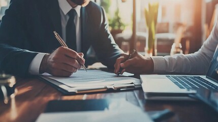 A lawyer guiding a businessman as he signs a contract, assisting with document completion and legal consultation