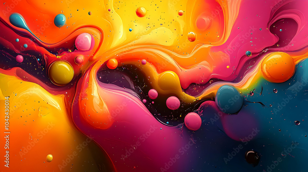 Poster vibrant abstract swirl of colors with floating spheres.