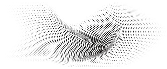 Flowing Wave Dot Halftone Pattern: Curve Gradient Shape on Transparent Background. Suitable for AI, Tech, Network, Digital, Science, and Technology Themes.