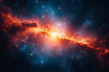 Fototapeta premium A glowing orange nebula with stars in a dark blue night sky