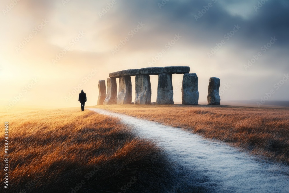 Poster a man walks through a field of grass and snow, passing a row of stone pillars