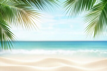 Tropical beach scene with palm leaves, sandy shore, and blurred ocean in the background.