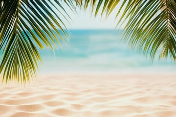 Fototapeta premium Tropical beach scene with palm leaves, sandy shore, and blurred ocean in the background.