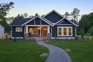 New Craftsman-style home with dark gray exterior, white trim, and beautiful landscaping, featuring a stone path, warm lighting, and a clear dusk sky.