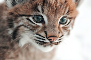 Obraz premium Mystic portrait of baby Lynx canadensis in studio, copy space on right side, Headshot, Close-up View, isolated on white background