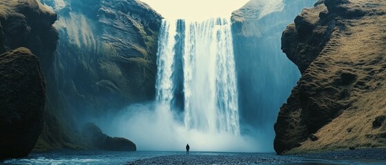 Cinematic shot of a massive waterfall in Iceland with water spray creating a film grain effect, featuring a person standing at the base in a canyon.