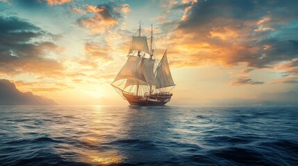 Obraz premium Sailing ship at sea during sunset with vibrant sky