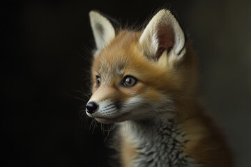 Obraz premium Mystic portrait of baby Red Fox in studio, copy space on right side, Headshot, Close-up View, isolated on white background