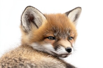 Mystic portrait of baby Red Fox in studio, copy space on right side, Headshot, Close-up View, isolated on white background