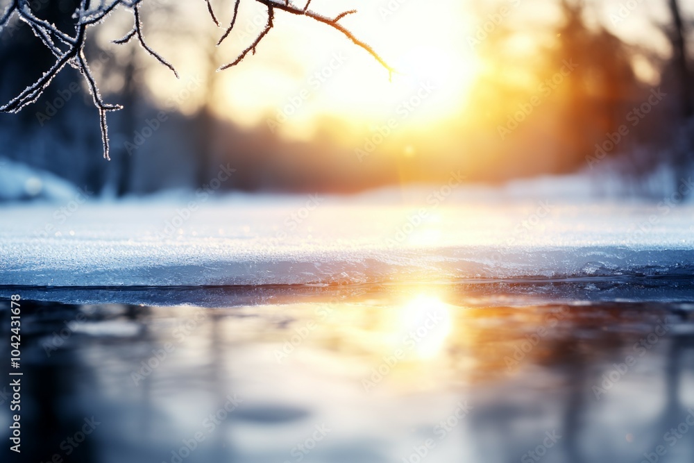 Poster A frozen lake with a sun reflecting on the water