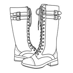 Women's Knee High Boots Low Block Heel Riding Boots Round Toe Side Zipper Biker Line art, Technical sketch hand drawing outline vector doodle illustration side rear view isolated on white background