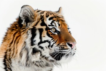 Fototapeta premium Mystic portrait of baby Siberian Tiger in studio, copy space on right side, Headshot, Close-up View, isolated on white background