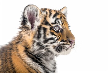 Obraz premium Mystic portrait of baby Siberian Tiger in studio, copy space on right side, Headshot, Close-up View, isolated on white background