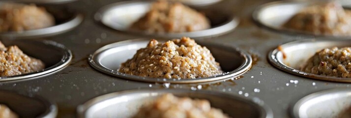 A muffin tin filled with buckwheat muffin batter ready to be baked into delicious and nutritious treats.