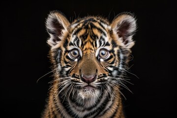 Fototapeta premium Mystic portrait of baby Sumatran Tiger in studio, copy space on right side, Headshot, Close-up View, isolated on black background