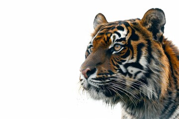 Fototapeta premium Mystic portrait of baby Sumatran Tiger in studio, copy space on right side, Headshot, Close-up View, isolated on white background