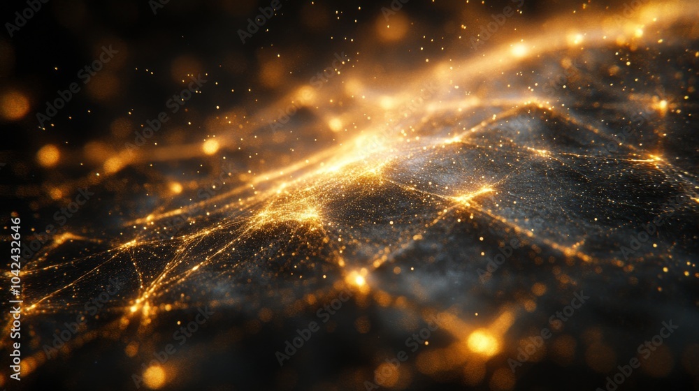 Poster Golden particles weave through a dark background, forming an intricate network that resembles a galaxy, creating a mesmerizing and dynamic visual experience.